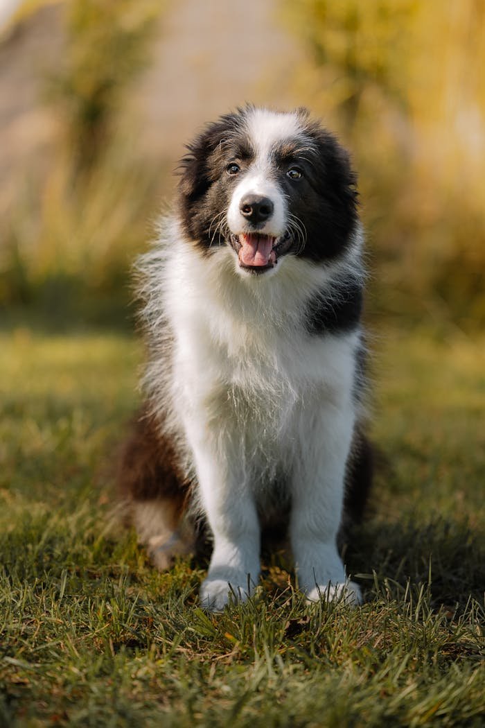 Cute border collie puppy sitting in a sunny rural field, showcasing its fluffy fur.